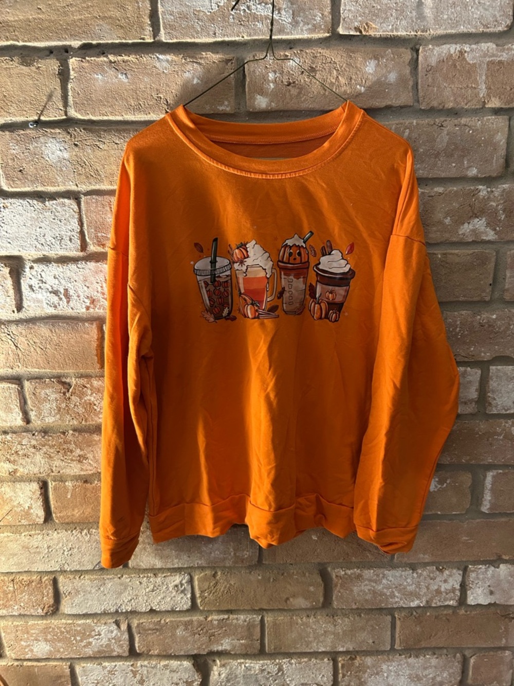 Orange Fall Coffee Beverage Graphic long sleeve shirt. Size LG.